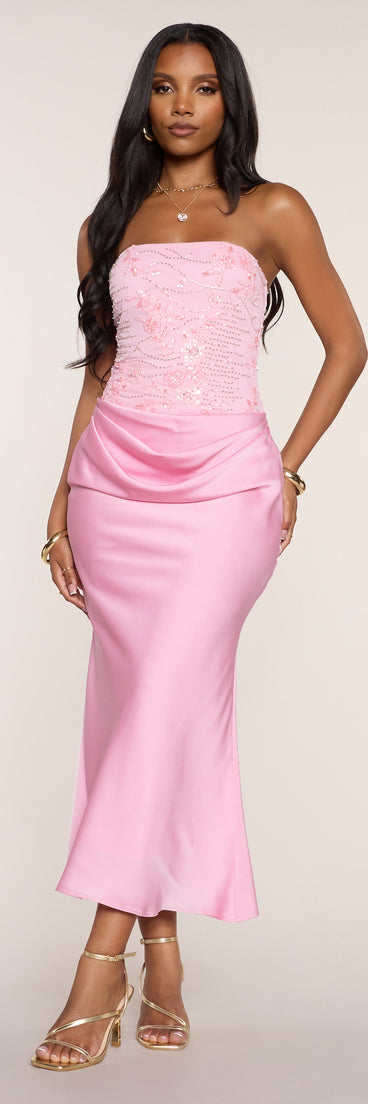 Satin Glow Strapless Beaded Midi Dress